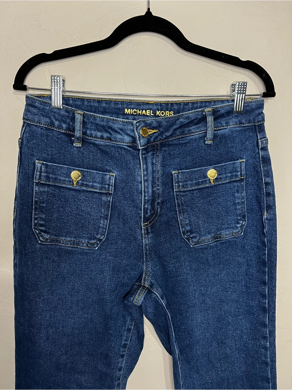 Michael Kors High Rise Front Patch Pocket Cropped Sailor Flare Jeans